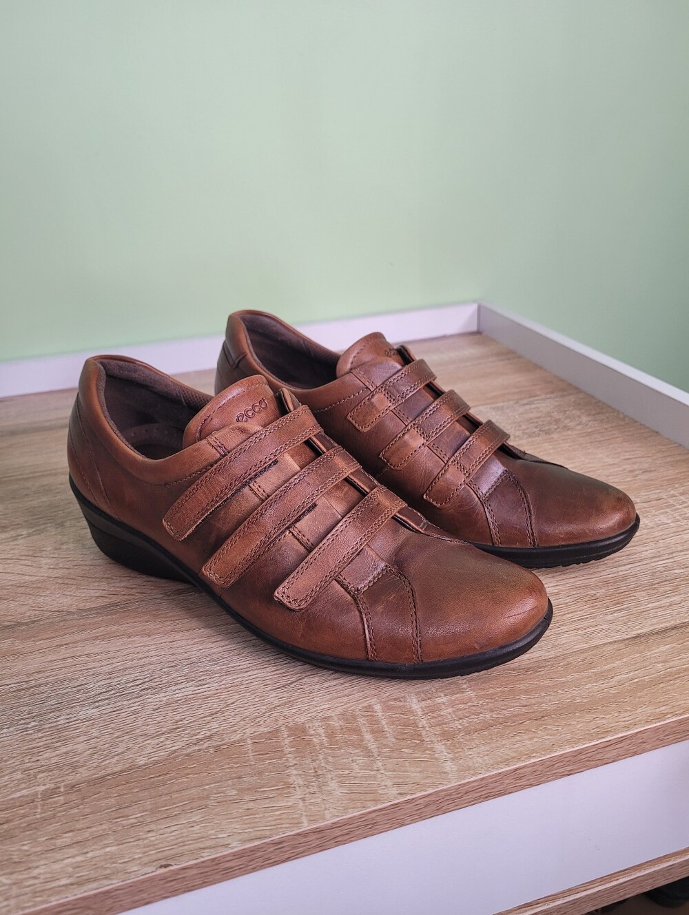 Ecco Brown Leather Comfort Shoes 41 Triple Strap Walking Casual